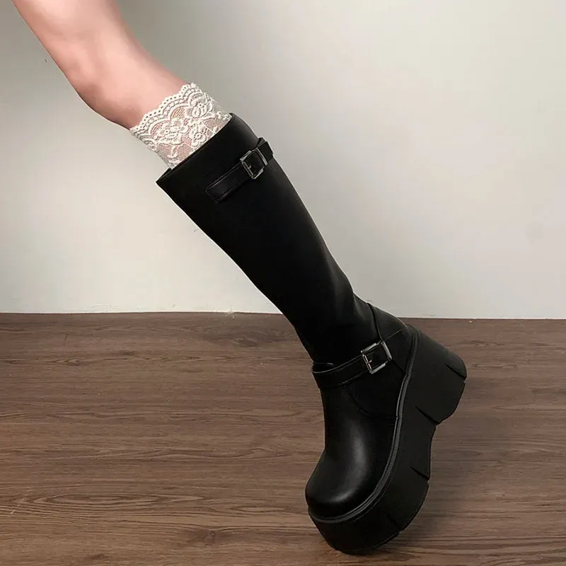 TAVIMART  -  Platform Wedges Heel Women Knee High Boots Fashion Belt Buckle Slip On Long Booties Autumn Winter Female Shoes