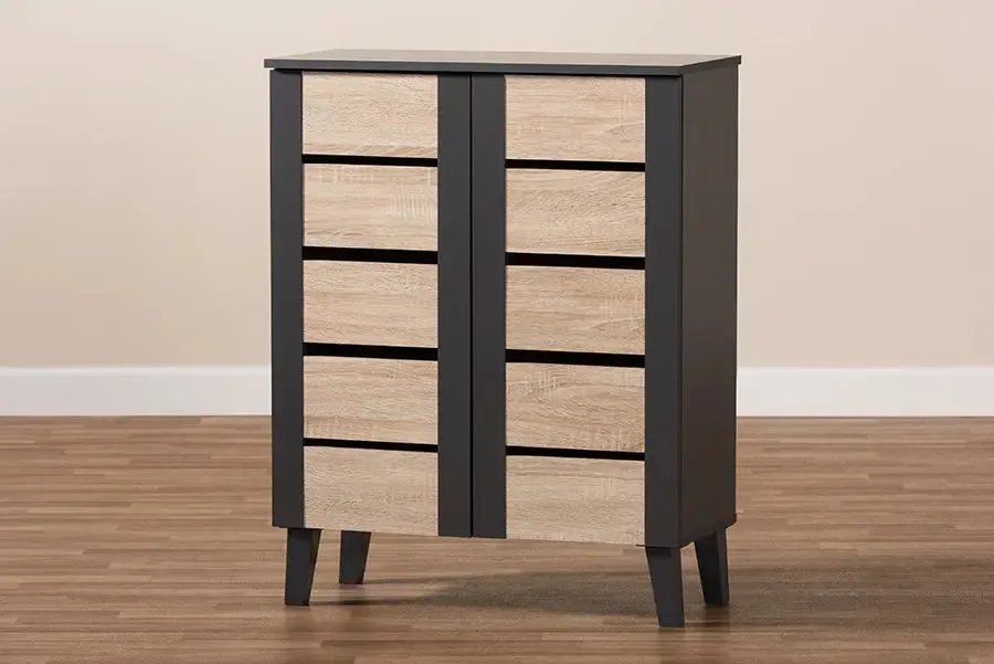 Valina Two-Tone Oak Brown/Dark Gray 2-Door Wood Entryway Shoe Storage Cabinet