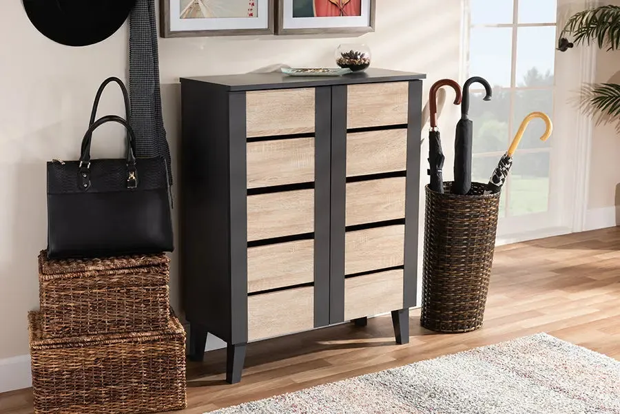 Valina Two-Tone Oak Brown/Dark Gray 2-Door Wood Entryway Shoe Storage Cabinet