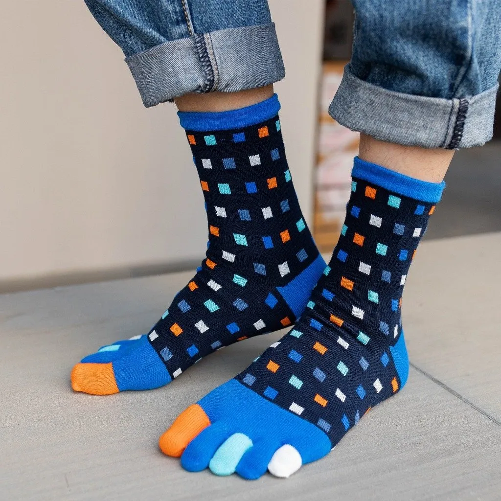 ZFSOCK Vibrant Colors  5 Finger Crew Socks with Square patterns for Men, 5 Pairs