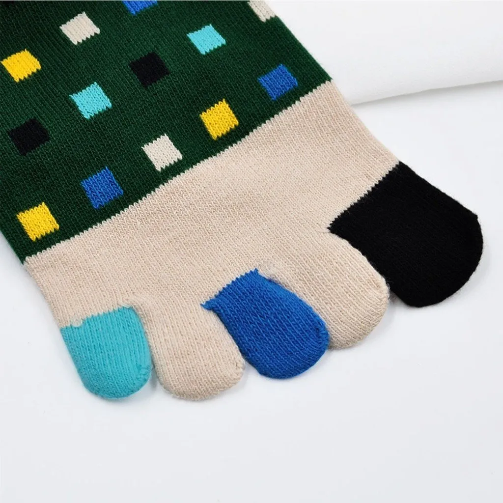 ZFSOCK Vibrant Colors  5 Finger Crew Socks with Square patterns for Men, 5 Pairs